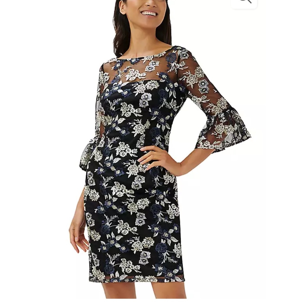 Adrianna Papell sheer black dress with floral embroidery NWOT size 6
